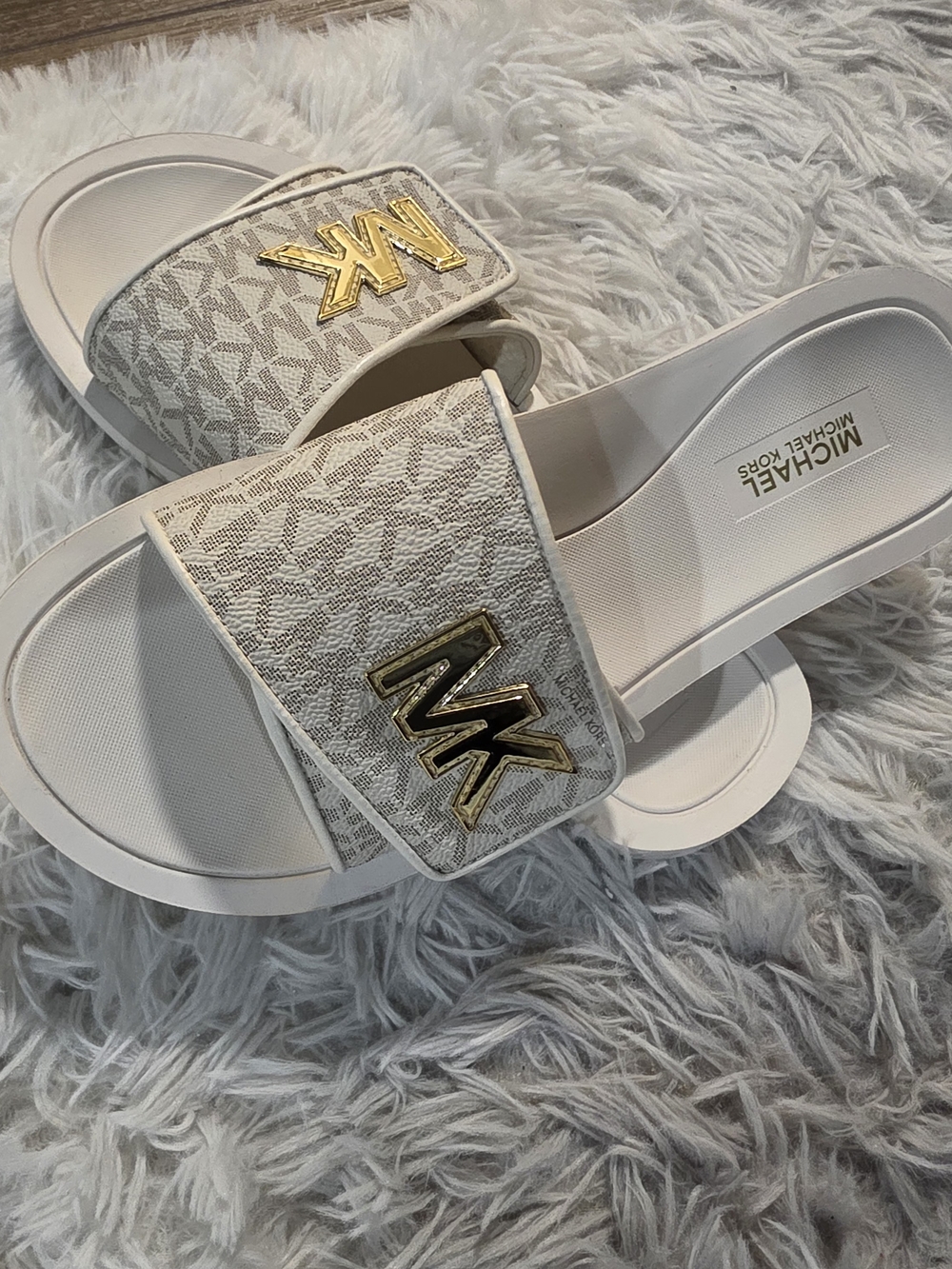 Michael Kors White Logo Slide Sandals with Gold MK Emblem